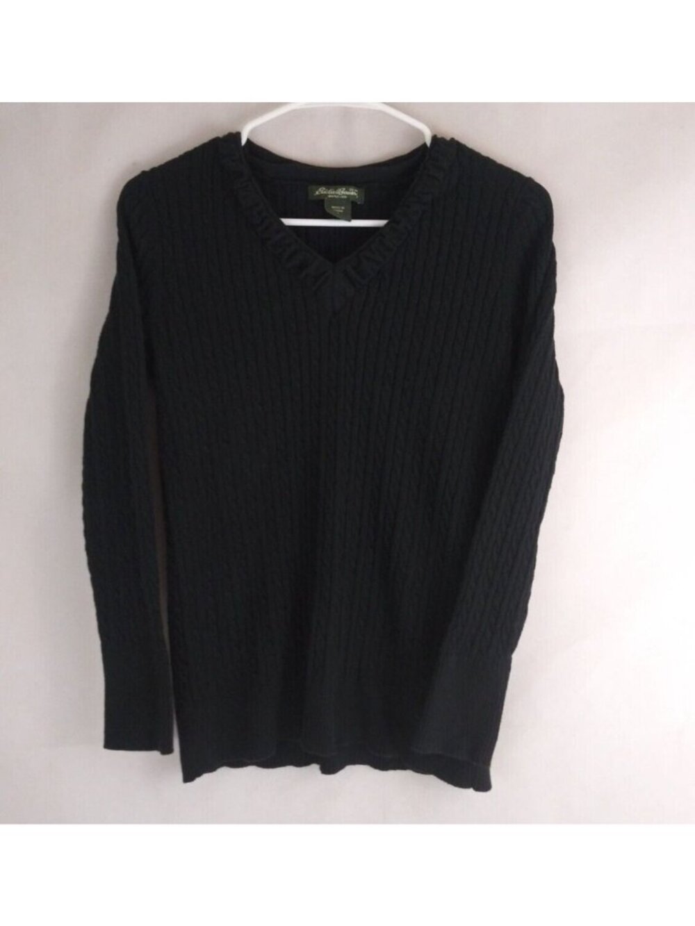 Eddie Bauer Women's Black Ruffled V-Neck Cable Knit Sweater Size Large